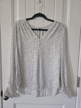 Maison d' Amelie Polka Dot V-Neck Long Sleeve Blouse - White/Black